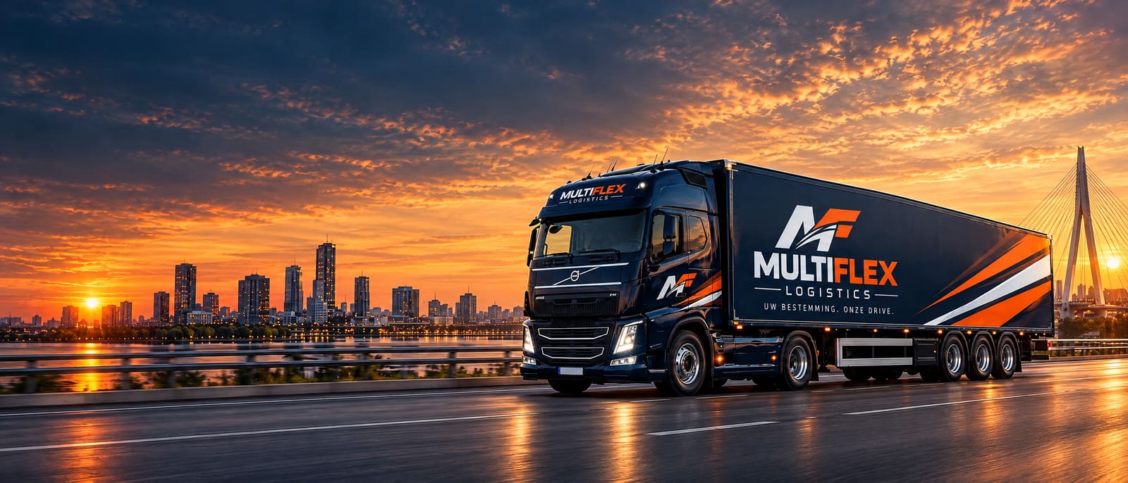 Donkerblauwe vrachtwagen met Multiflex Logistics-belettering op een snelweg bij zonsondergang