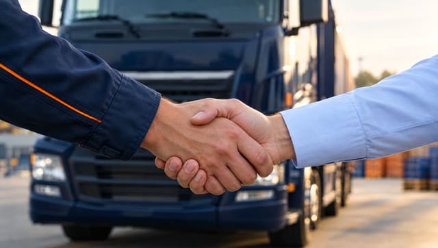Handdruk tussen twee mensen voor een vrachtwagen