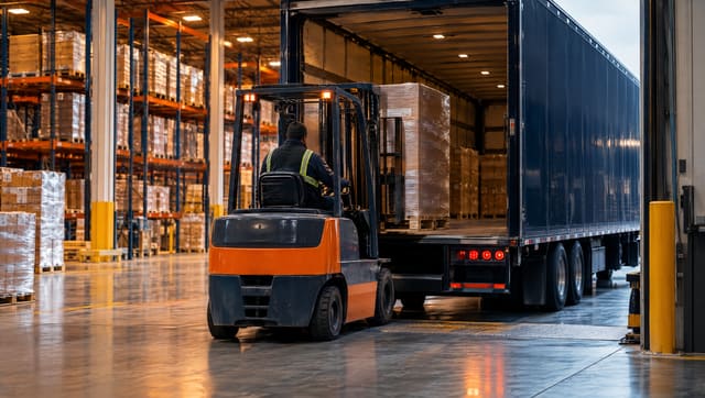 Heftruck laadt pallets in een oplegger aan een laaddock